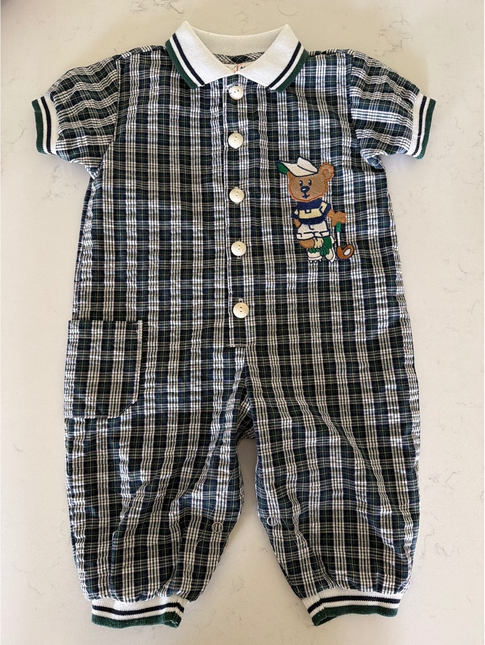 Vintage baby boys plaid golf preppy teddy bear onesie jumper romper polo 6-9 mon